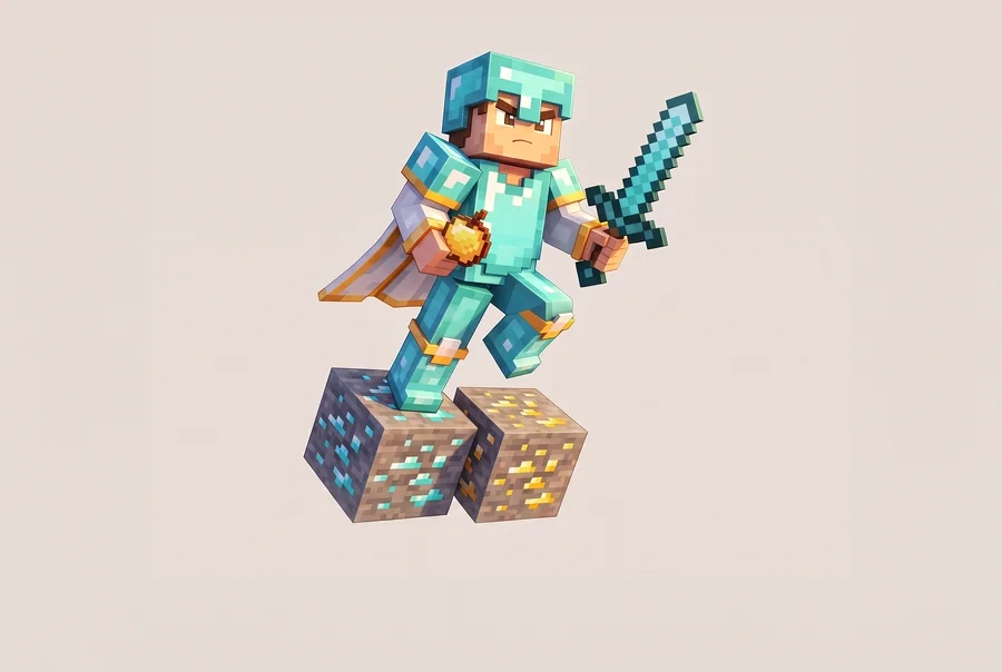 Olmos zirhli BoxPvP jangchisi qilich va oltin olma bilan ruda bloklari ustida.